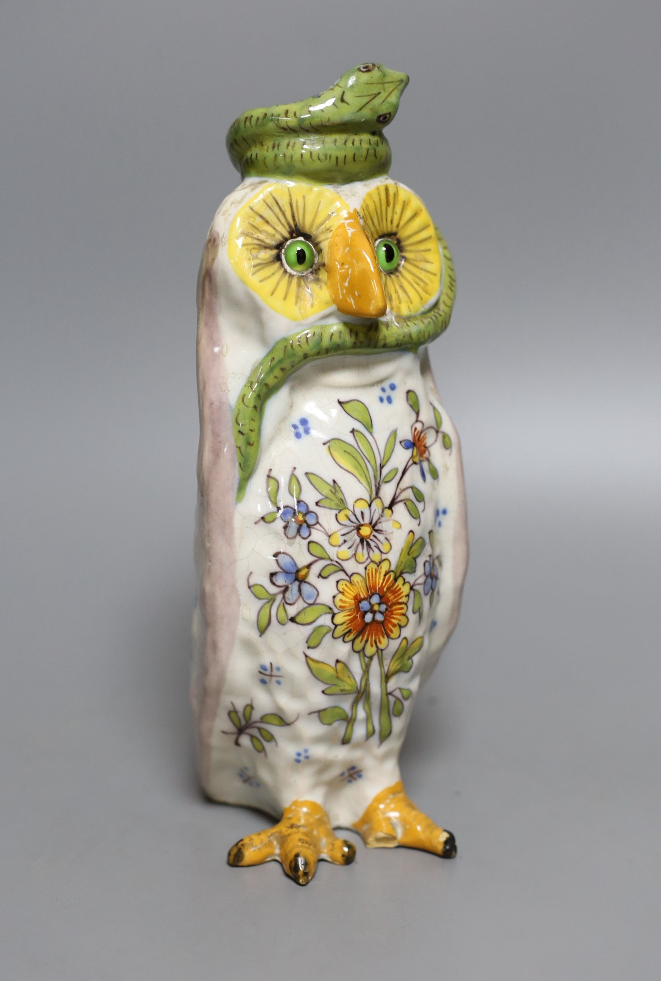 A 19th century Gallé style faience 'owl and cobra’ candlestick 21cm